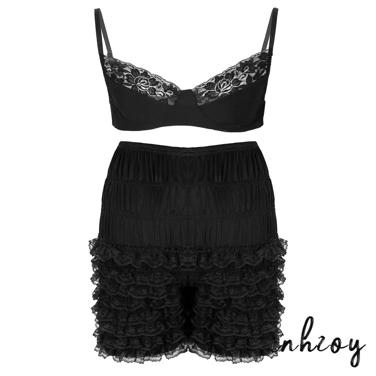 

Gay Mens Sissy Lingerie Set Adjustable Shoulder Straps Floral Embroidery Lace Bra with Tiered Ruffle Shorts for Night Club Party