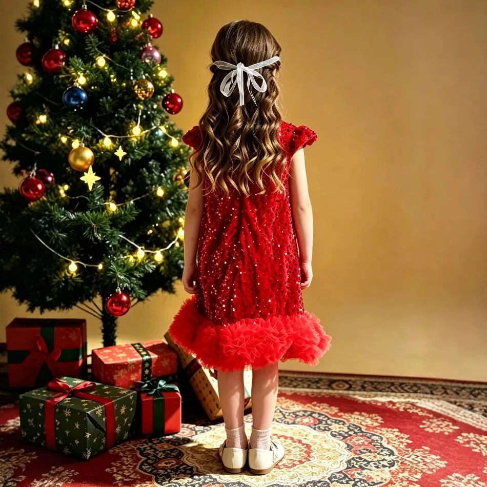 Girls Red Sequin Princess Dress Flutter Sleeve Tulle Hem Party Gown Kids Christmas New Year Costume Birthday Evening Dress ZD36
