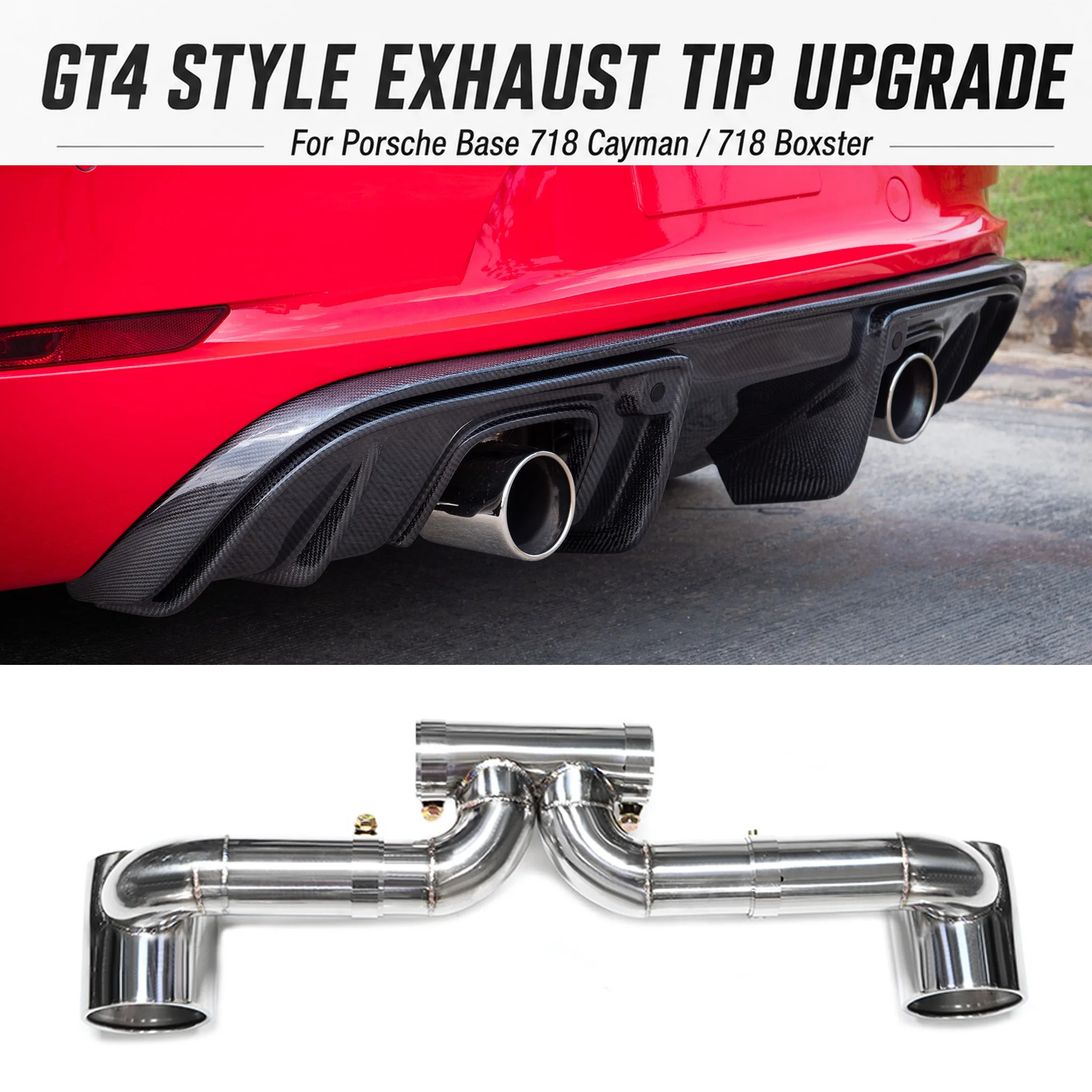 GT4 RS Style Dual Exhaust Tips For Porsche 718 Boxster Cayman Base 2.0T 2016-2024 Stainless Steel Separated Muffler Tailpipe