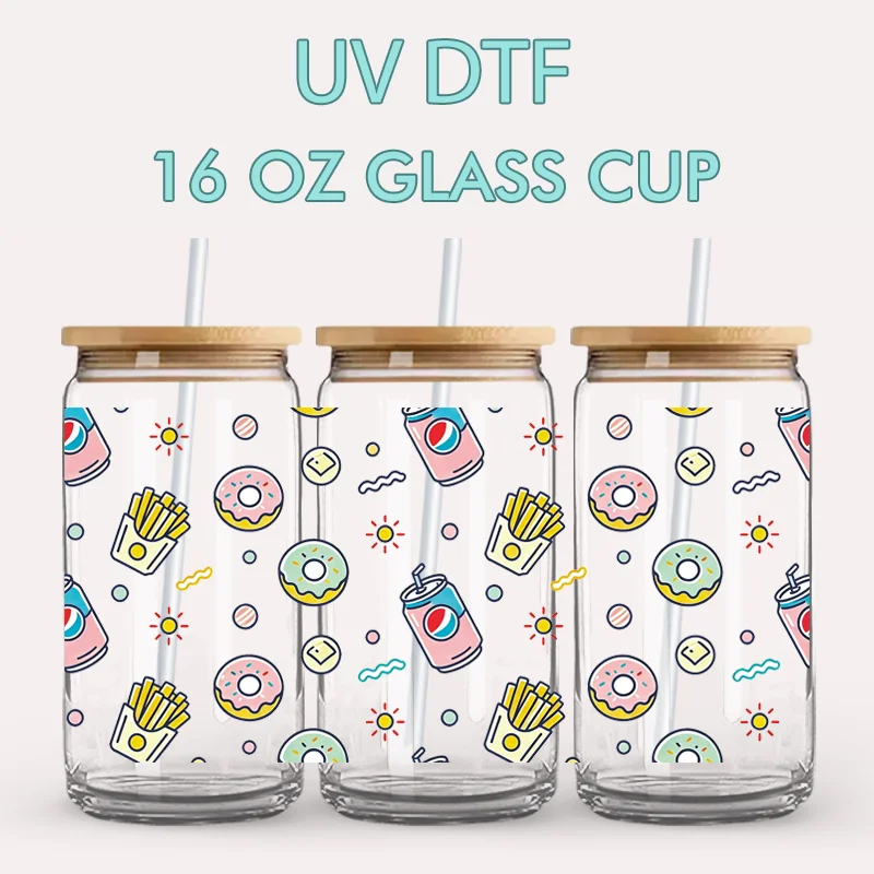 UV DTF Stickers - 4 Sheets Cartoon Snack Donut Fries Soda UV DTF Cup Wraps for Glass Cups DIY Waterproof Scratch Resistant