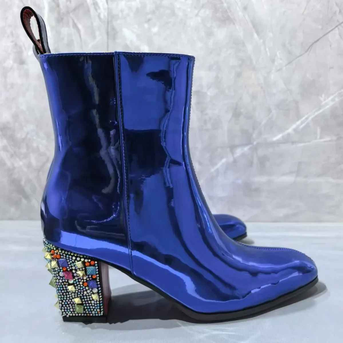 European and American Shiny Leather Blue Rhinestone Heel High-Heeled Men's Boots with Raised Leather Short Boots for Men