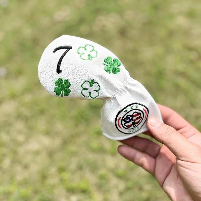 Set Penutup Kepala Tongkat Golf PU Bordir Lucky Clover - 10pcs, Pelindung Tongkat Golf yang Tahan Lama dengan Penutup Aman, Desain Leher Panjang