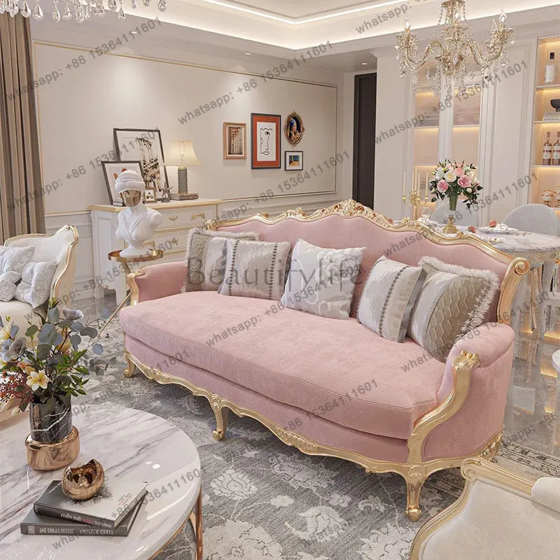 French light luxury solid wood sofa living room cream wind carved fabric three-person sofa