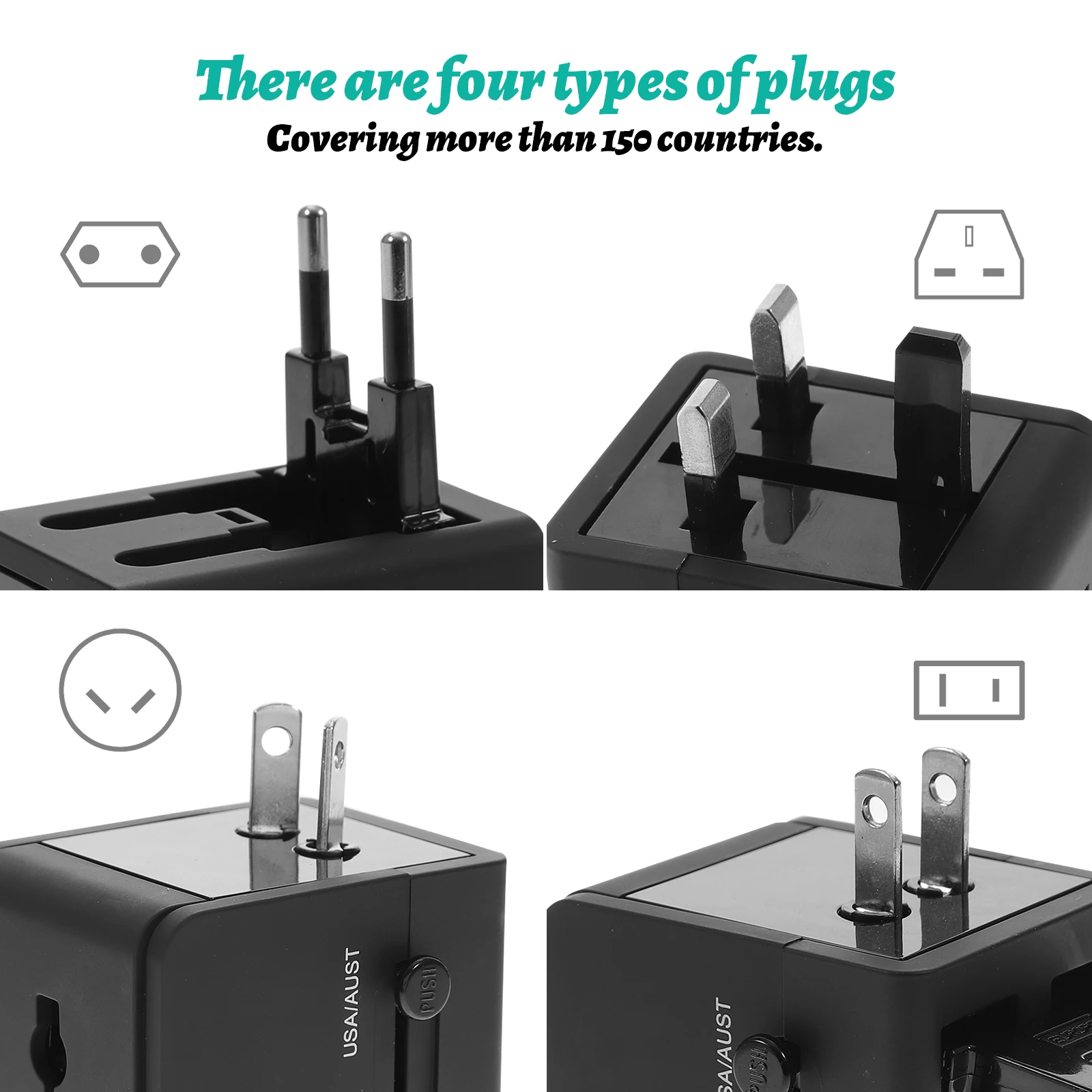 

Travel Adapter 2.1A Usb Wall Worldwide 4 Types Eu Us Uk Au For Office Trip Outlet