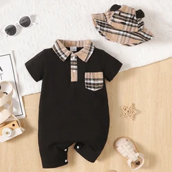 Stylish Summer Black Handsome Boy Baby Onesie Plaid Patchwork Pocket Polo Collar Shirt Teddy Bear Embroidered Fisherman Hat