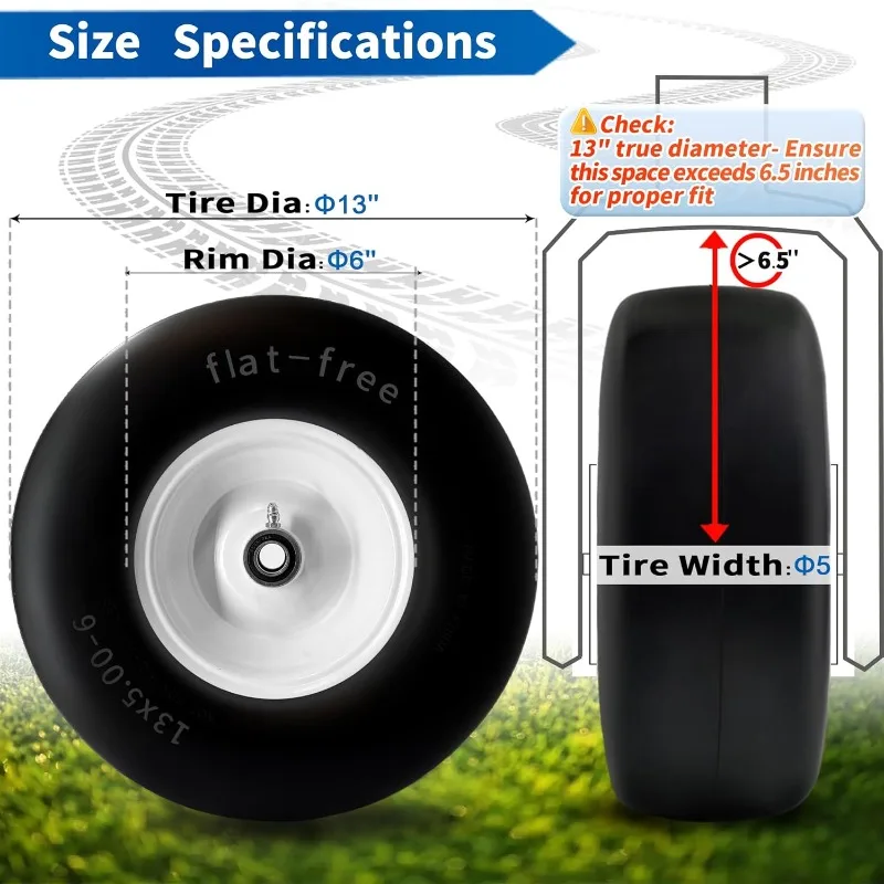 2Pcs 13x5.00-6 Flat Free Tire and Wheel for Lawn Mowers & Zero Turn Mowers, with 3/4