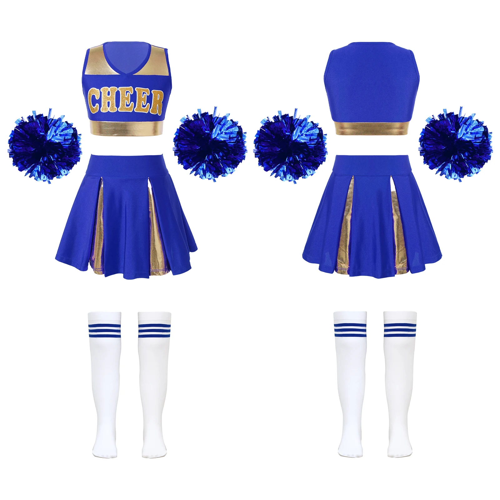 Kids Girls Cheerleading Dance Outfits Sleeveless Letter Print Crop Top Pleated Skirt Striped Tube Socks Set Cheerleader Uniforms