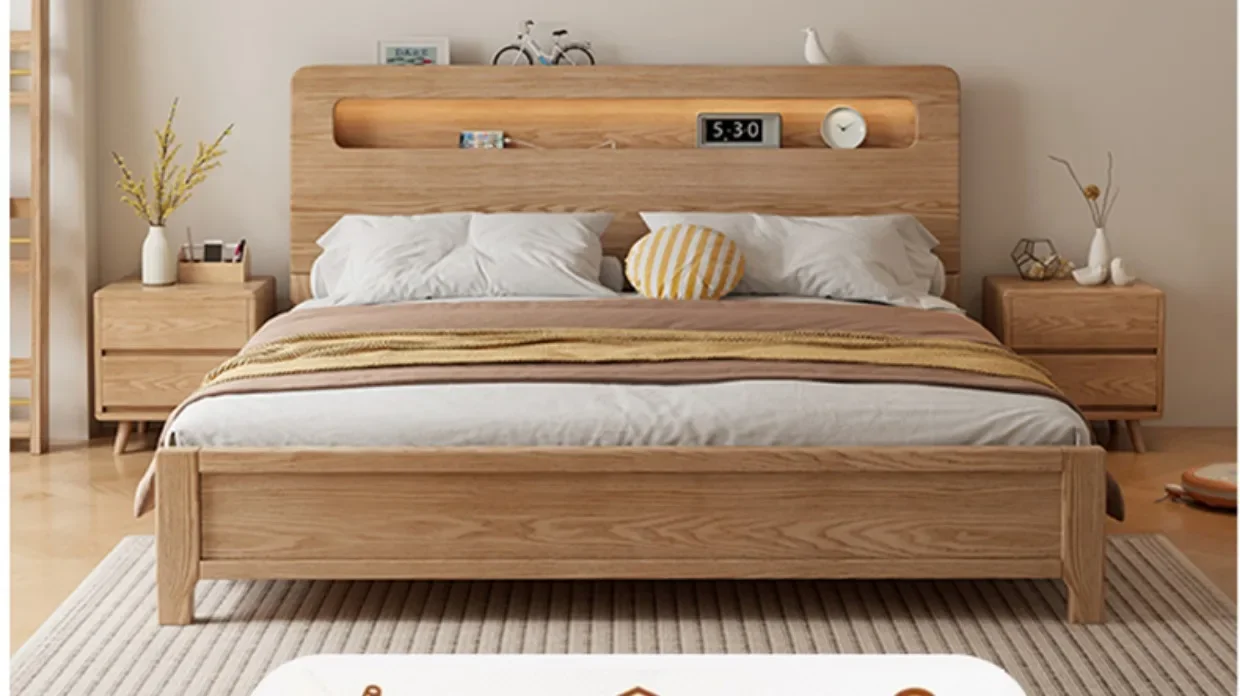 Nordic solid wood bed modern simple 1.8m double wedding bed bedroom Japanese log wind bed with lamp 1.5m.