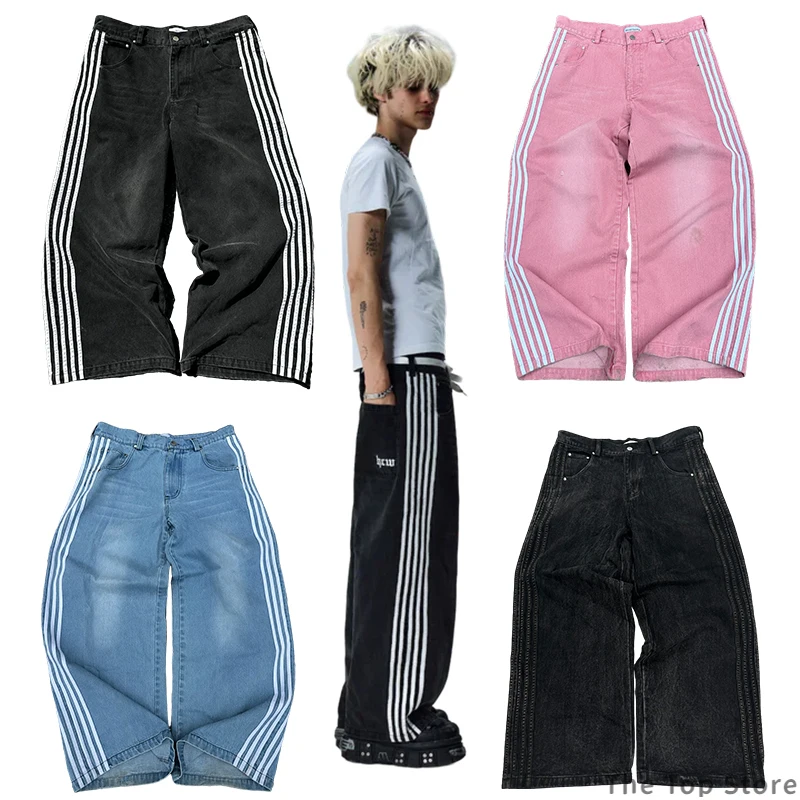 

Harajuku Y2K Baggy Jeans Casual Retro Wide Leg Denim Pants Men Women Simple Striped Embroidered Sweatpants Hip Hop Streetwear