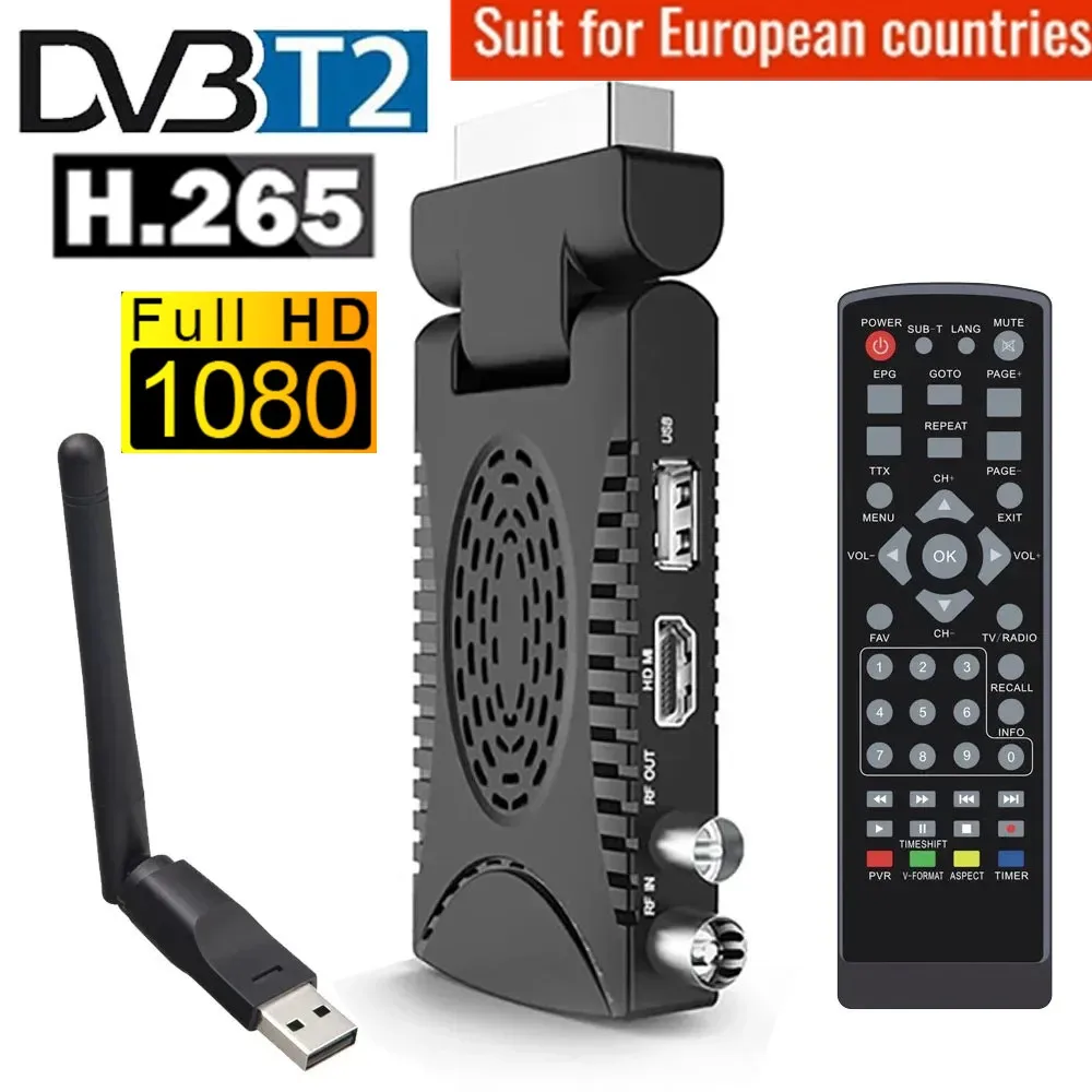 TV Tuner Digital penerima TDT Mini EU, dekoder tanah penerima Full HD H.265 DVB-T2 SCART cocok dengan HEVC 265 1080P/Dolby/MPEG-2/4