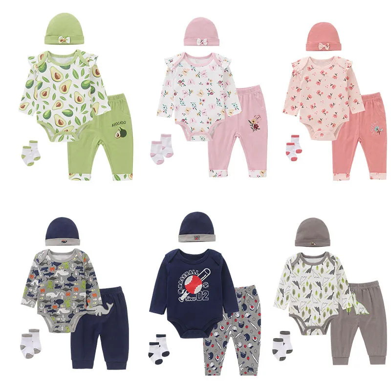 

Baby Girls Summer Outfits Long Sleeves Print Romper Hats Socks 3pcs Kids Clothing Sets Pajamas