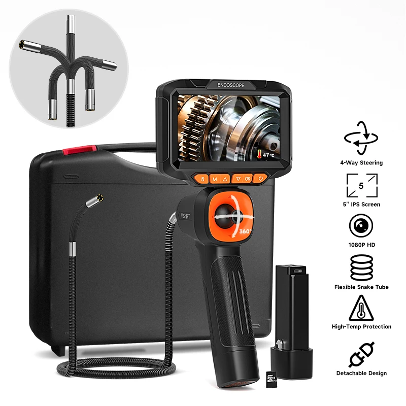 4-Way Articulating Endoscope Joystick 5’’ Screen All Way 360° Rotation Steering Camera Car Inspection Borescope Battery Optional