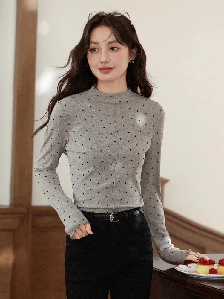 ALXNAN 빈티지 폴카 도트 티셔츠 그레이 모크 넥 러플 트림 긴팔 풀오버 레귤러 숄더 슬림핏 클래식 탑스 L58602