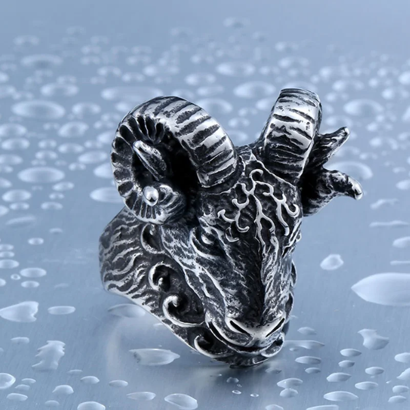 Fashion Vintage Aries Goat Head Animal Heads Motorcycle Exaggerated Punk Metal Ring for Men Jewelry