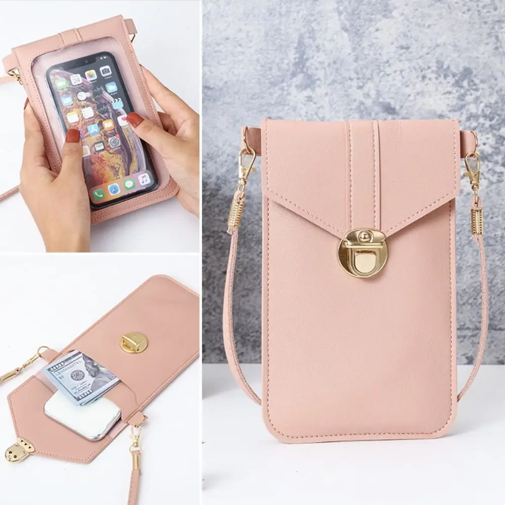 New PU Leather Touch Screen Phone Purse Portable Strap with Hook Closure Mobile Phone Bag Multi-function Shoulder Handbag