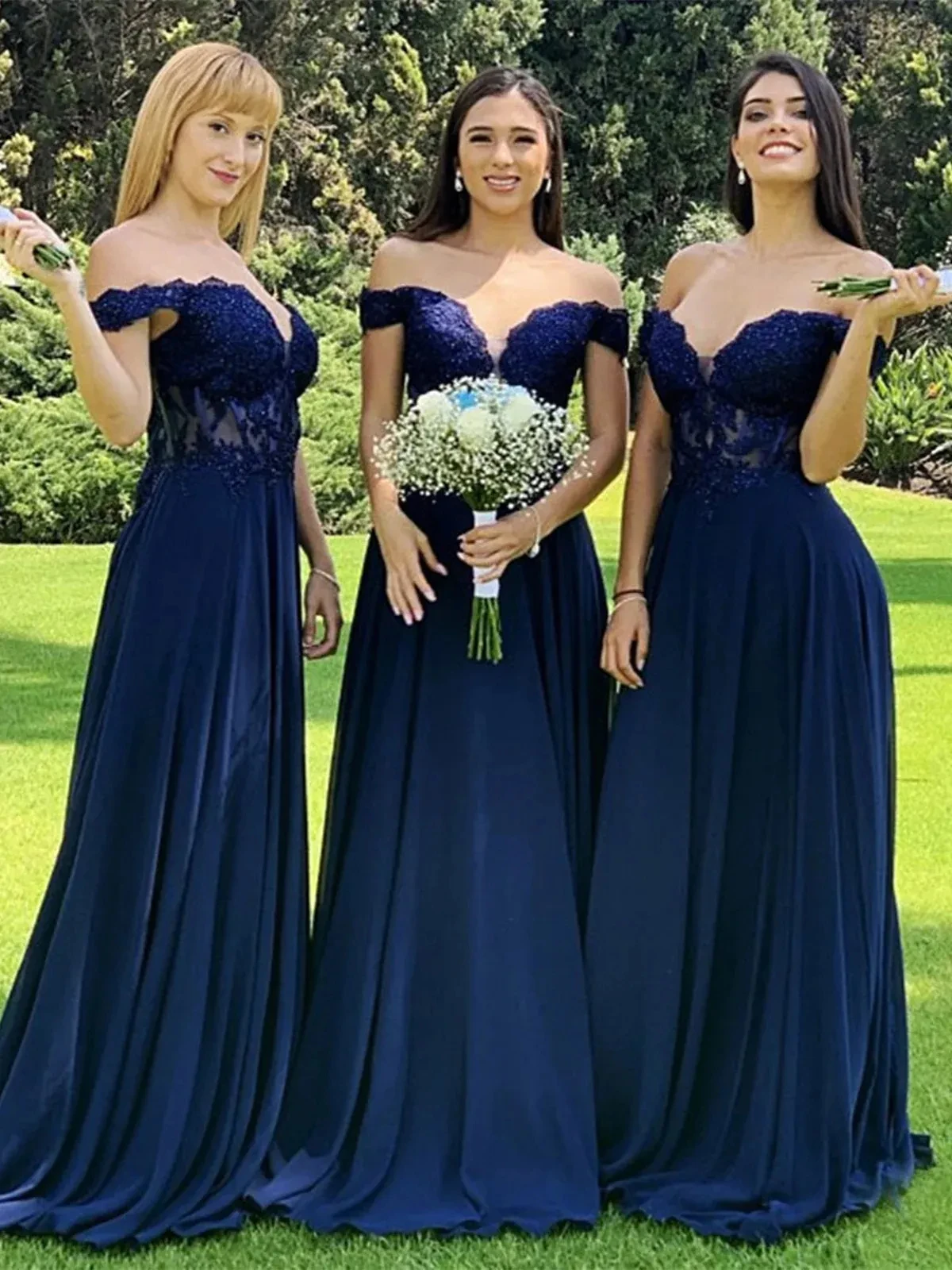 Long Chiffon Bridesmaid Dresses Lace Appliques Top Off Shoulder A Line Elegant Wedding Party Gowns 2024 Women Formal Wear