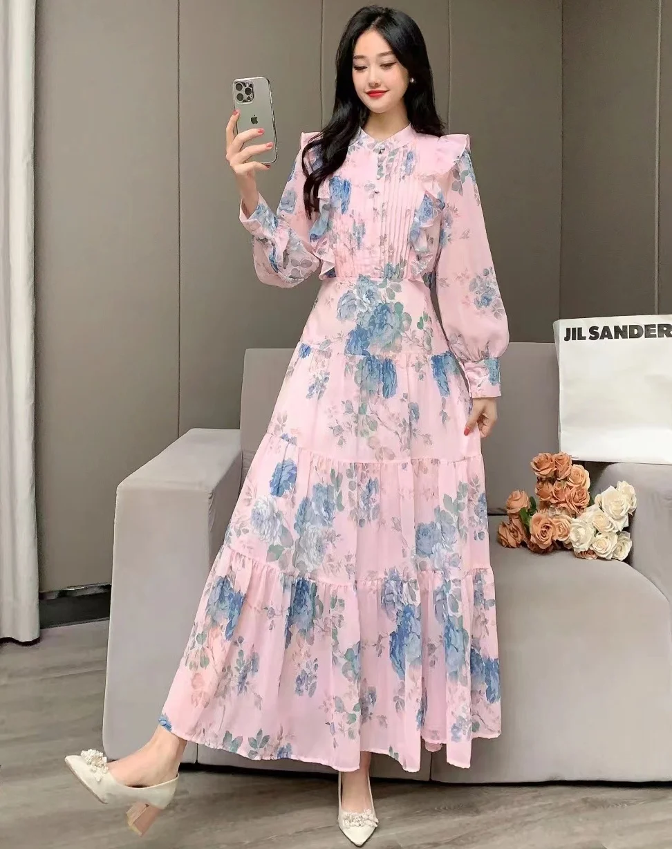 2024 New Spring Autumn Women Long Sleeve Slim Long Dress High Quality Sweet Ruffles Big Hem Chiffon Floral Dress 6 Colors