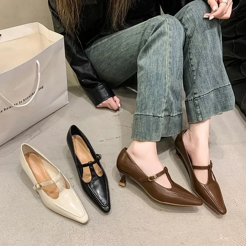 

Retro Pointed Toe Buckle-heeled Single Shoes Fashion Solid Color Women's Shoes Medium Heels Shallow Mouth Casual Zapatos Mujer