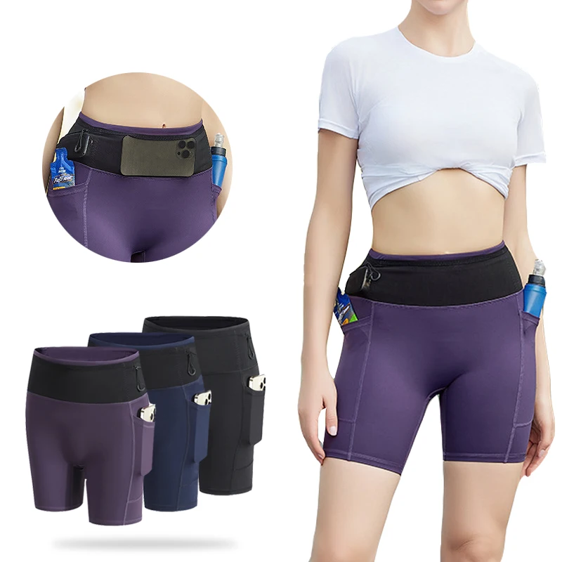 (S-XL)Women Running Shorts with Phone Pocket High Waist Butt Lift Tennis Badminton Yoga Fitness Compression Gym Tights Shorts