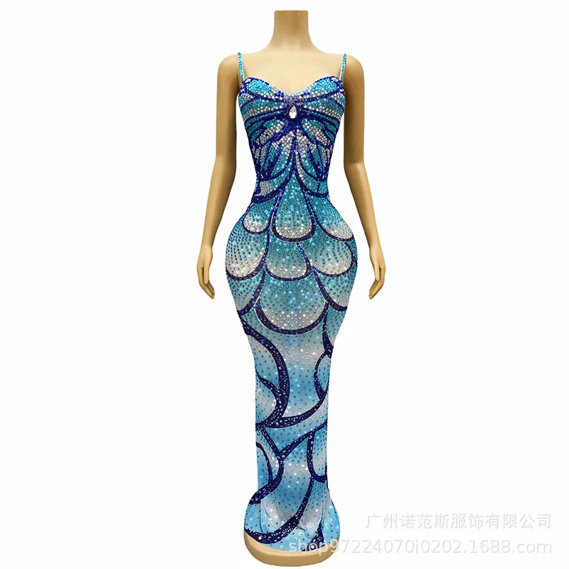 

2025Blue Temperament Sleeveless Hip Wrap Slim Evening Dress Seaside Vacation Annual Meeting Solo Performance Event Evening Dress