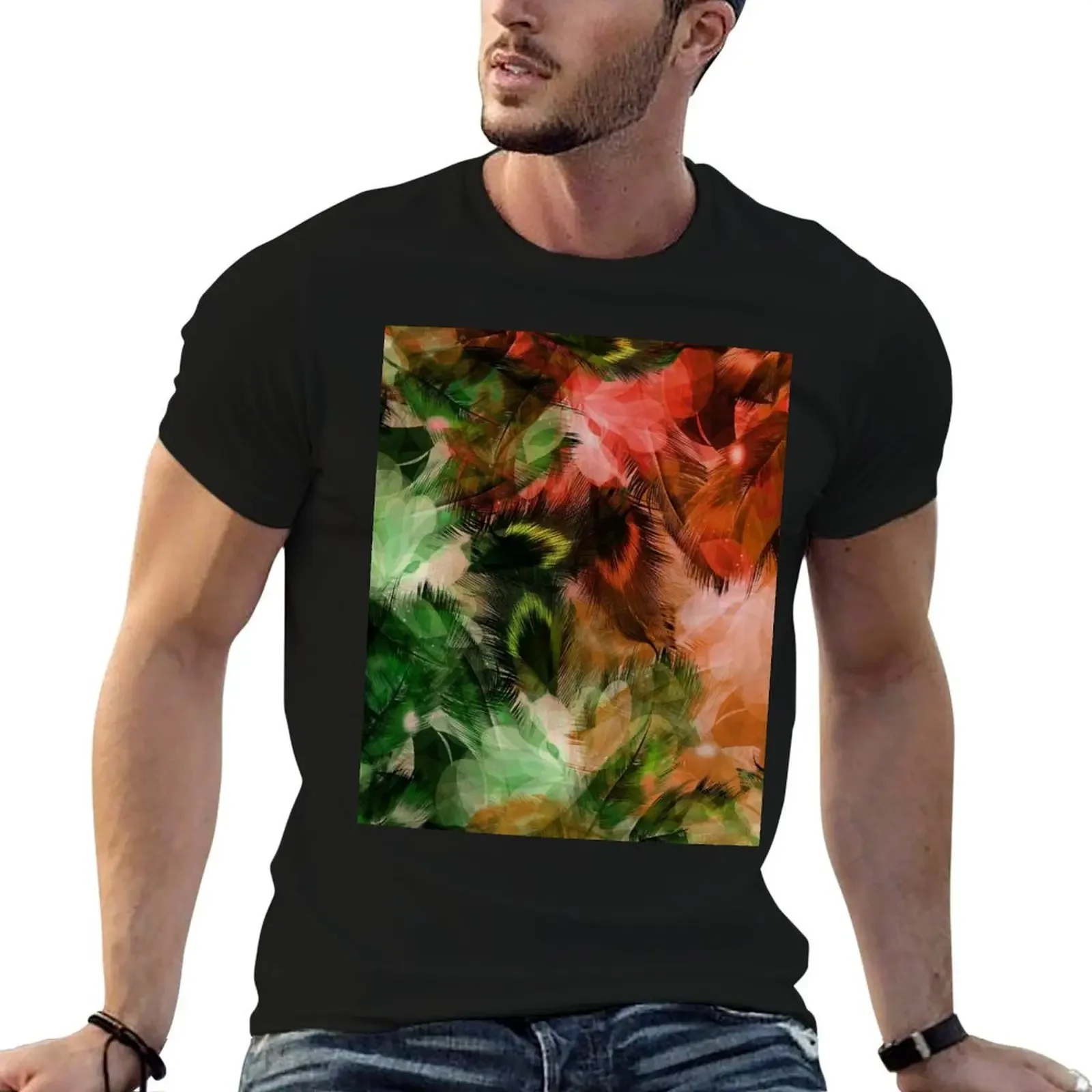 

Green and Red Peacock Feather Pattern T-Shirt blue archive shirts graphic man t shirt mens clothing