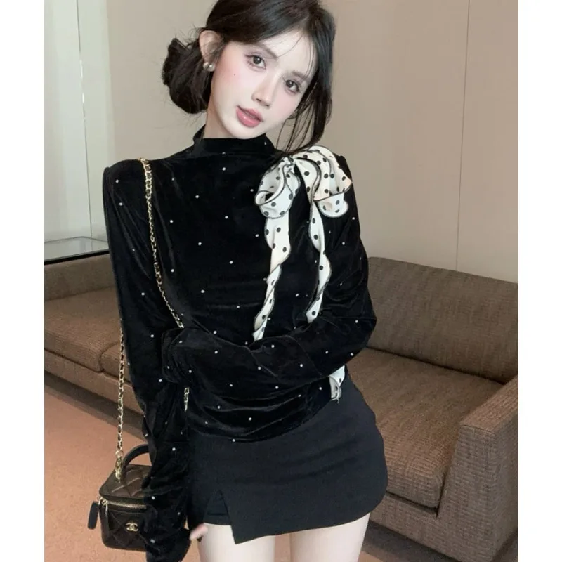 تصميم عصري ريترو البولكا نقطة المخملية مطوي التعادل التخسيس و الشكل المعانقة تي شيرت المرأة الخريف الراقية يشعر معطف #3