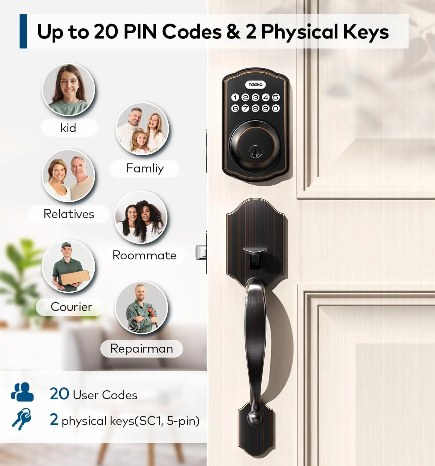 Keyless Entry Door Lock Deadbolt With Handle Set, Electronic Digital Smart Locks Set For Front Door With 2 Keys, Easy To Install