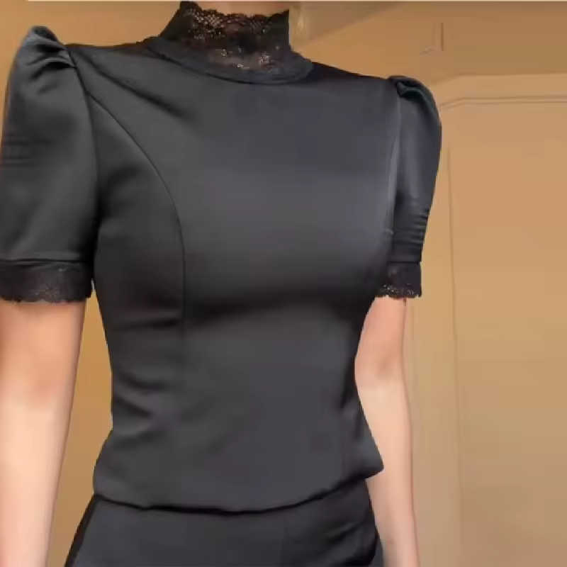 New Satin Lace Edge Top Short Sets For Women High Neck Padded Shoulder Blouse Low Waist Shorts 2026 Lady Spring Summer Outfits - Image 3