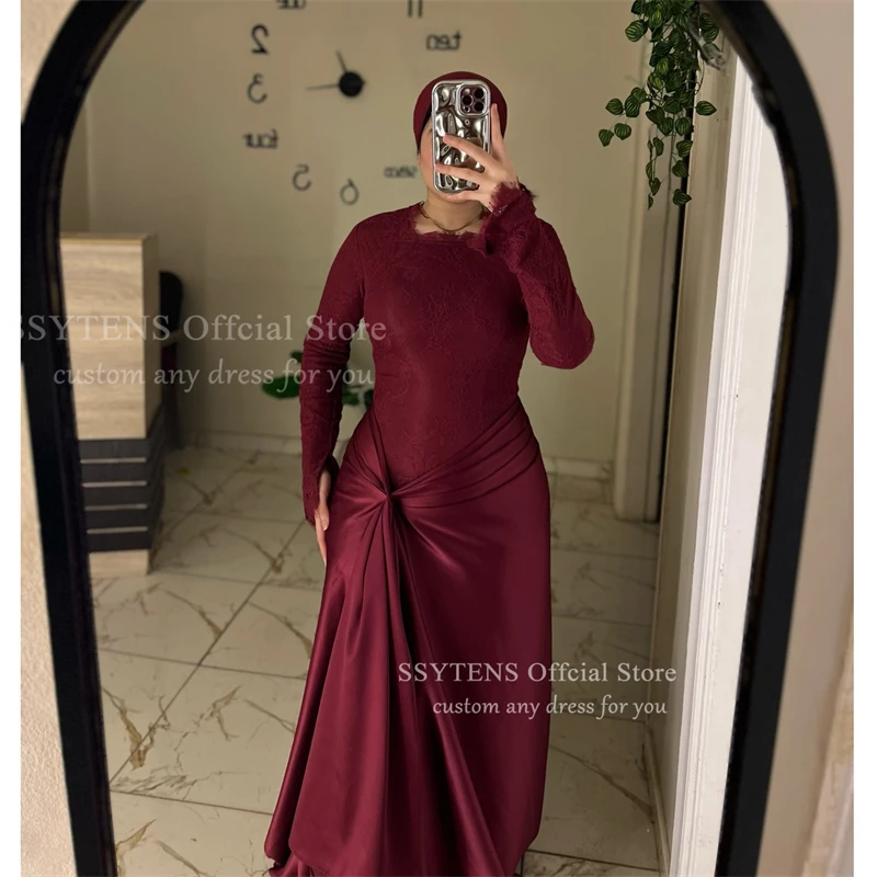 SSYTENS Burgundy Elegant Prom Dresses O Neck Long Sleeves Lace Mermaid Evening Dress Satin Muslim Formal Gowns Dubai Customized