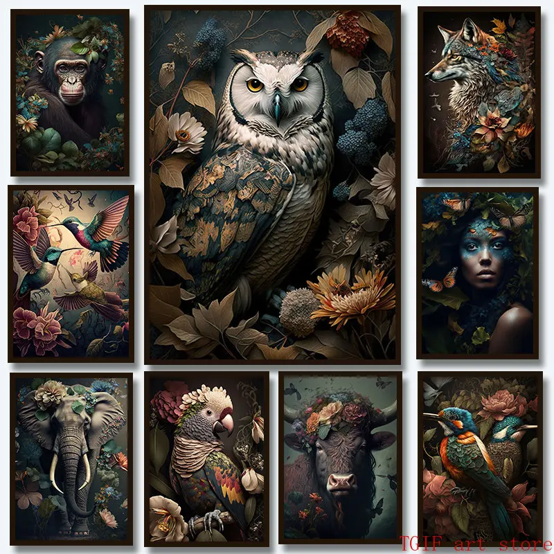 Hummingbird Peacock Owl Wolf Parrot Bull Poster Tropical Plant Flower Bird Canvas Painting Prints Animal Wall Picture Home Decor