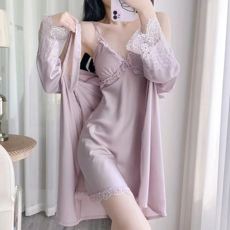 Summer Thin Silk, Lace Nightdress, Home Wear, With Chest Pads, Camisole And Robe Two-Piece Set