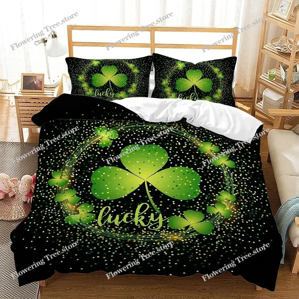 Lucky Green Leaves King Queen Duvet Cover Four Leaf Shamrock Clover Bedding Set Irish Culture Soft Polyester Quilt Cover