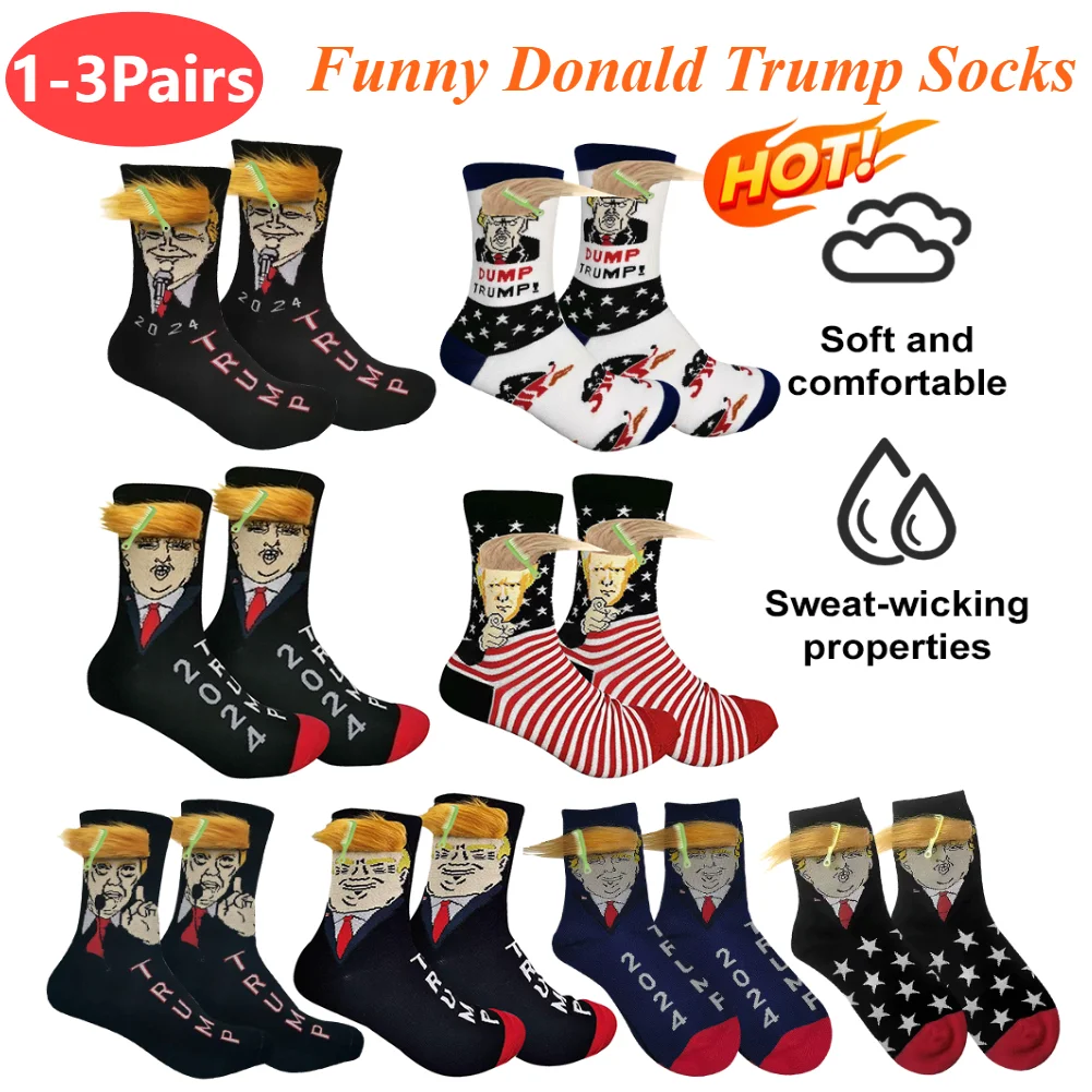 2024 New Funny Donald Trump President Socks Men Winter Socks Woman Sleeping Socks Hip Hop Stockings With 3D Fake Hair Gifts Men