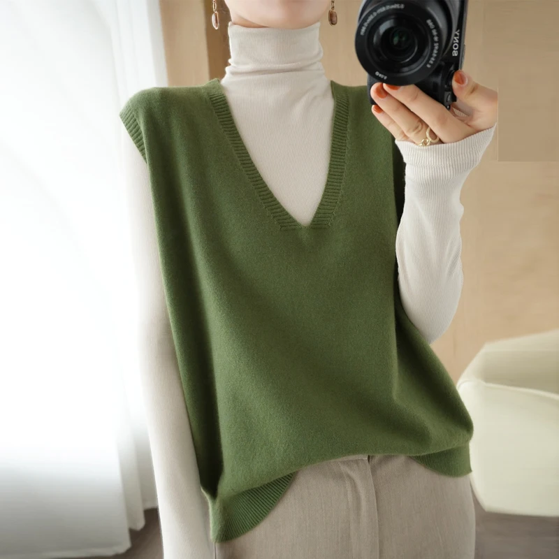 

Свободный женский шерстяной жилет, новый вязаный топ с v-образным вырезом, универсальная внутренняя и верхняя одежда, повседневная одежда для поездок на работу, чистый цвет