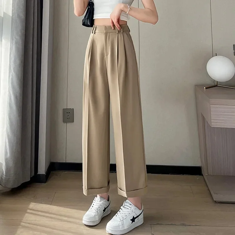 Korean Women High Waist Narrow Version Trousers Spring Summer Feminine Wide-leg Pants 2025 Ladies Solid Color Straight Pantalons