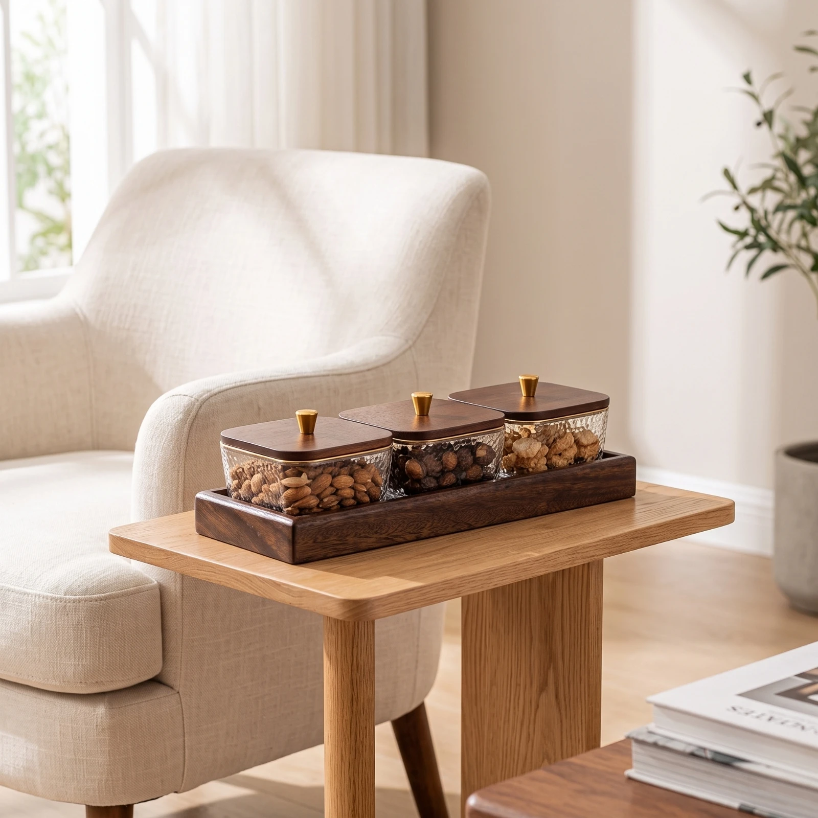 Coffee Tea Break - Wood Snack Tray with Bowls Elegant