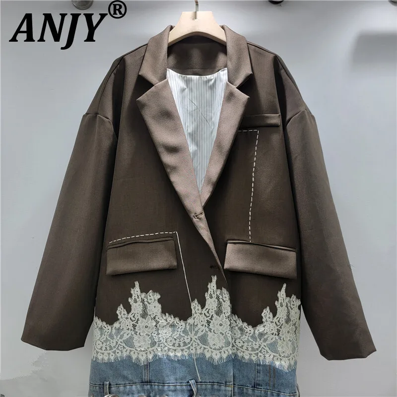 

ANJY 2026 Spring Autumn New Women Fashion Elegant Denim Patchwork Lace Color-Block Crochet Blazer Trendy Casual Versatile A17184
