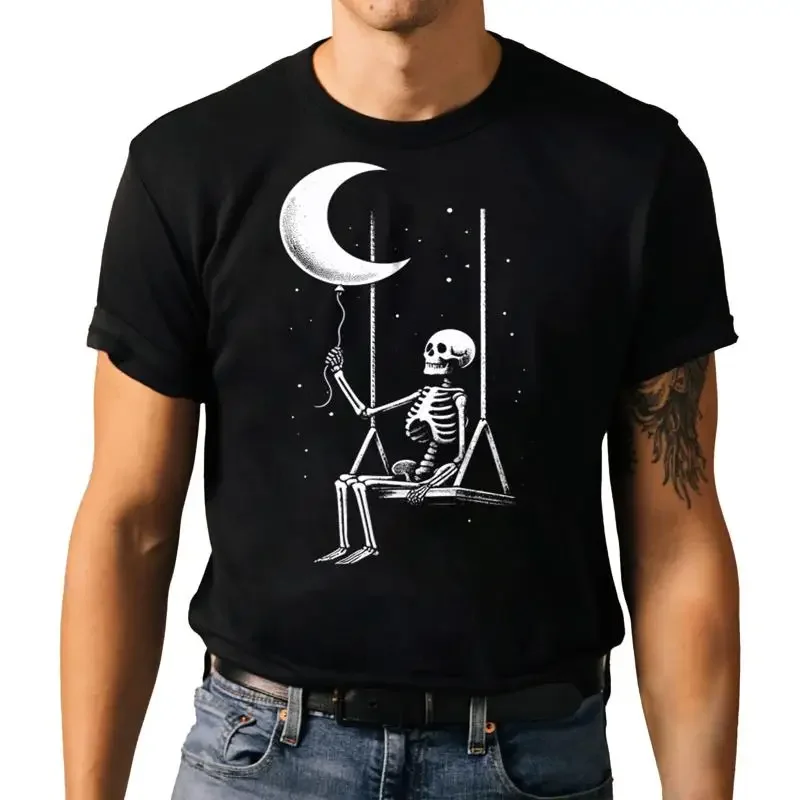 Artistic Skeleton Rock Swing Moon T Shirt Halloween Night Gothic