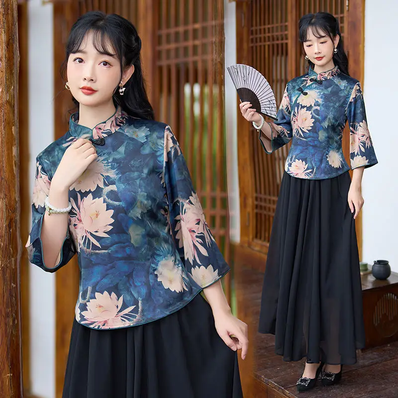 Cheongsam Women's Plus Size Tang Costume Tops 2023 Spring Cotton Linen Blend Embroidery Splice Retro Chinese Style Qipao Shirts