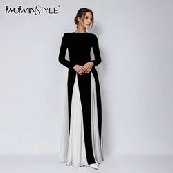 TWOTWINSTYLE Slimming Long Elegant Dresses For Women Round Neck Long Sleeve High Waist Hit Color Formal Dress Female Fashion New