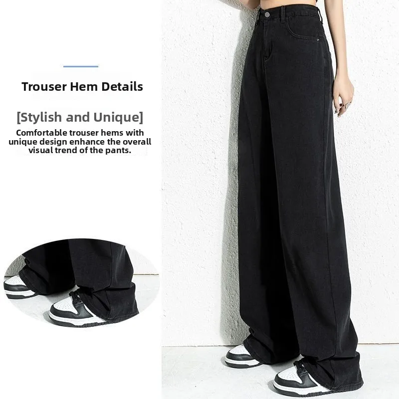 

High Waist Wide Leg Black Jeans Women's Straight Loose Slimming Summer Casual Cotton Polyester Blend No Stretch Zipper Closure