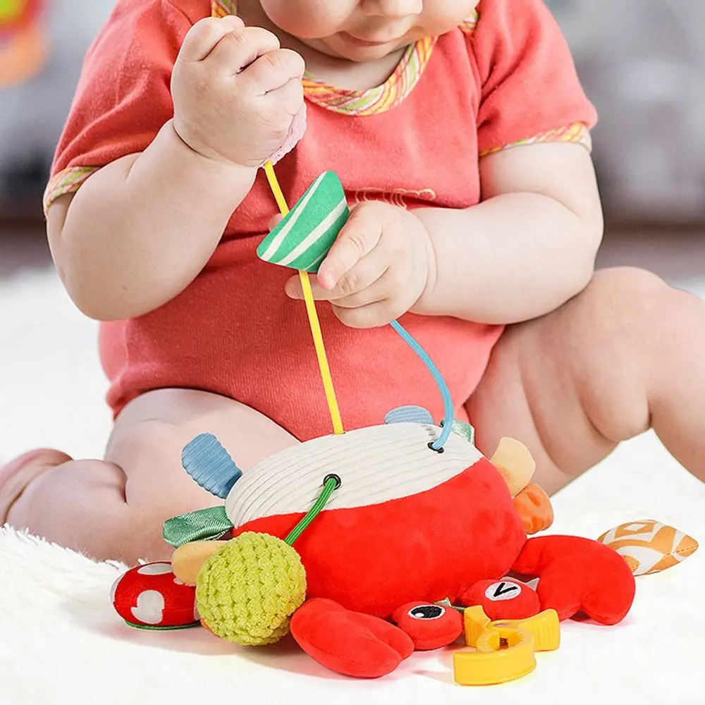 Krabbenförmiges Baby-Zugschnur-Spielzeug mit Klemme, verzerrender Spiegel, Plüsch, sensorisches Spielzeug, klingelnde Perlen, Beißring