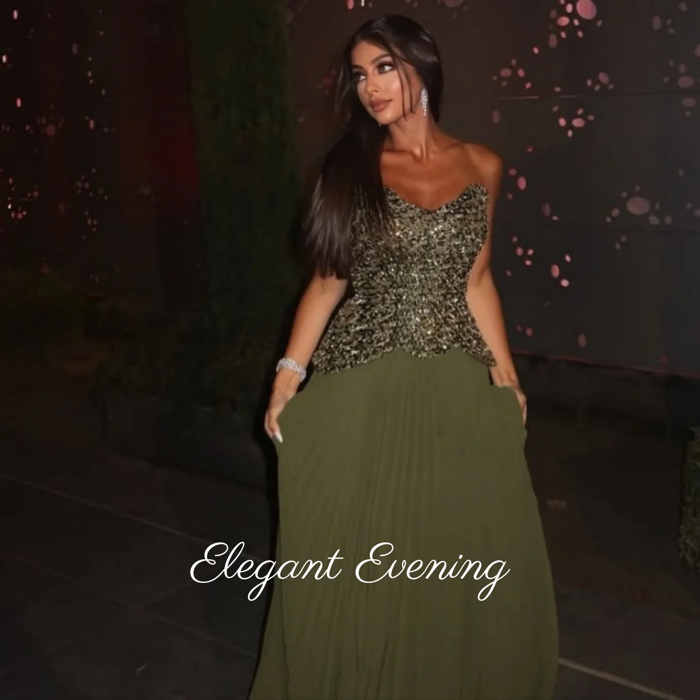 

Green Sequins Beadings Evening Dresses Floor Length Pleated Prom Dresses Wedding Party Dresses Celebrity Beadings Customized