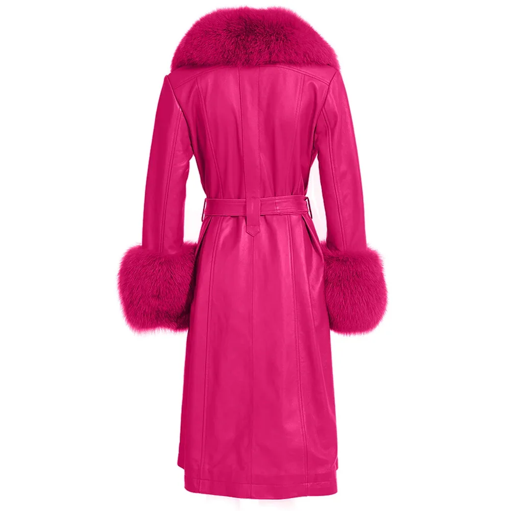 Denny&Dora Pink Women Real Fox Fur Collar Long Genuine Leather Coat - Trench Plus Size Coat