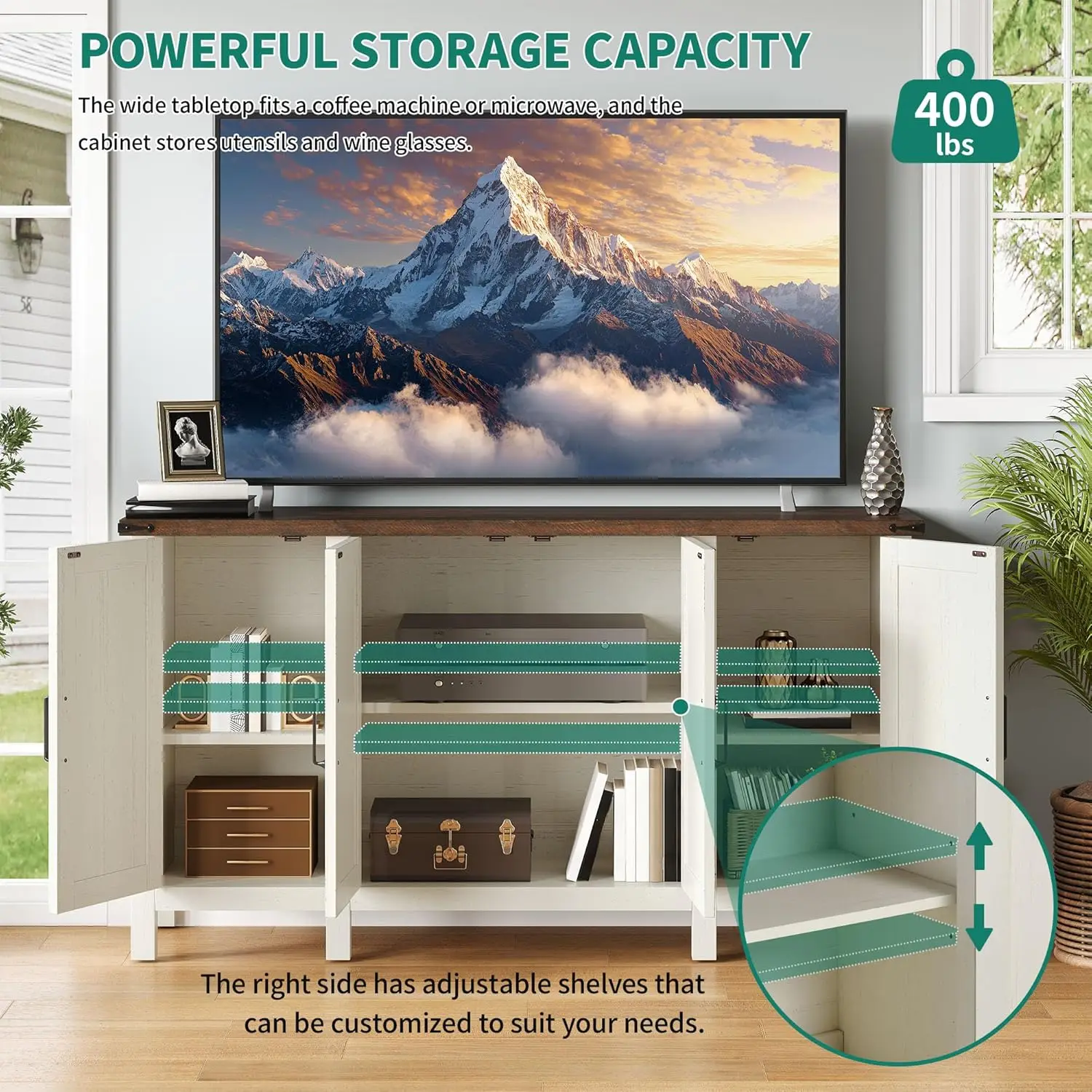 خزانة بوفيه جانبية للمزرعة مع مساحة تخزين، خزانة تخزين المطبخ مقاس 59 بوصة مع أرفف قابلة للتعديل لغرفة المعيشة، المدخل،