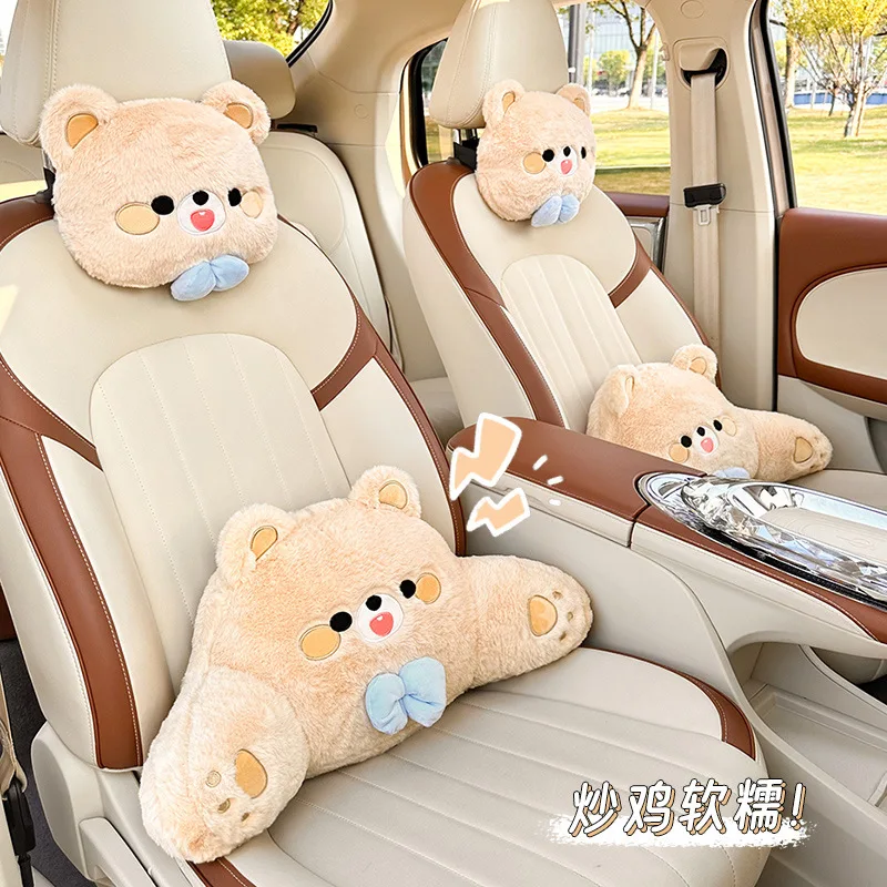 Cute Plush Bear Car Headrest Pillow Waist Support Cushion Soft Fluffy Auto Neck Rest Back Lumbar Pillow Vehicle Interior Decor - view 2