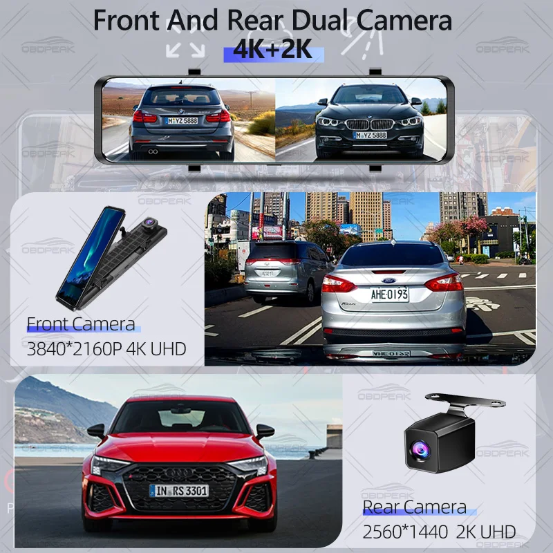 OBDPEAK H8 4K + 2K Dash cam GPS WIFI Front IMX415 Rear View Mirror Video Recorder IMX307 Back Camera Registra Car Dvr
