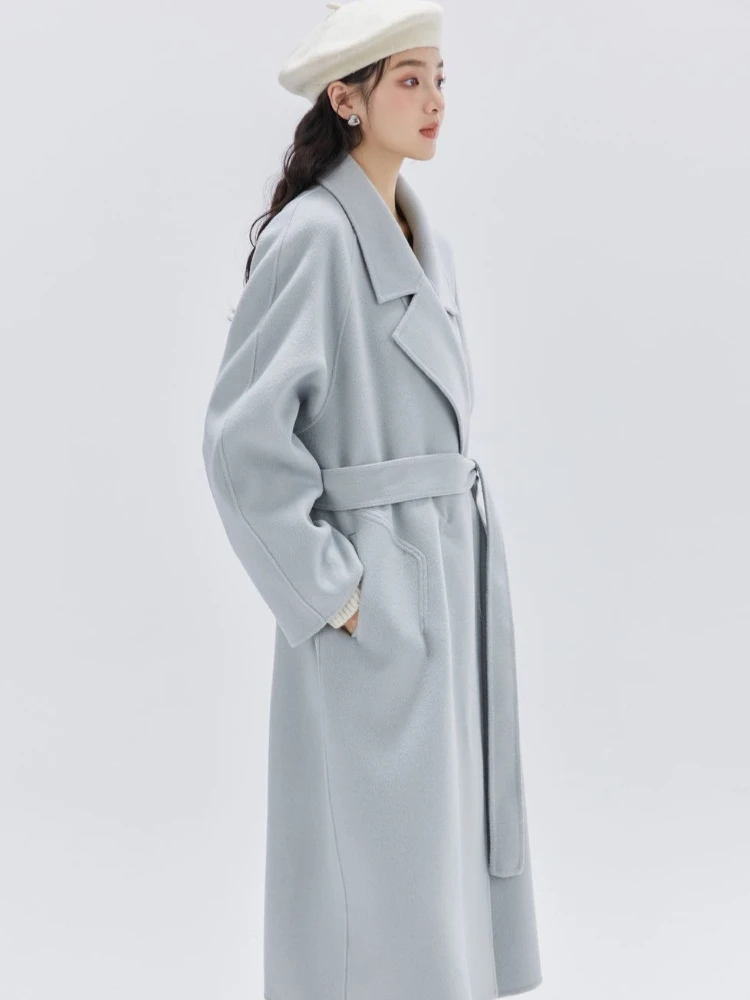 

Women’s High End Blue Woolen Overcoat 2025 Korean Design Petite Size Mid Length Coat Autumn Winter Trendy Outerwear