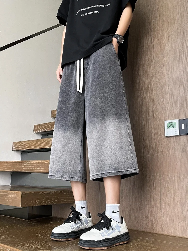 

Летние тонкие мужские джинсы прямого кроя длиной 7/8, с градиентным цветом, свободного кроя, повседневные, в американском ретро-стиле, из смесового хлопка