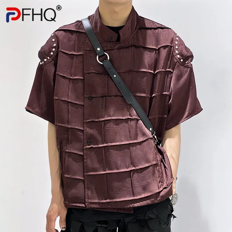 

PFHQ Men's Heavy Industry Chic Short Sleeved Shirt Trendy Stand Collar Plaid Comfortable Avant-garde Male Summer Tops 21Z4822